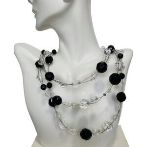 Vintage Black & Clear Faceted Beaded Multi Strand Women’s Layered Necklace 21”